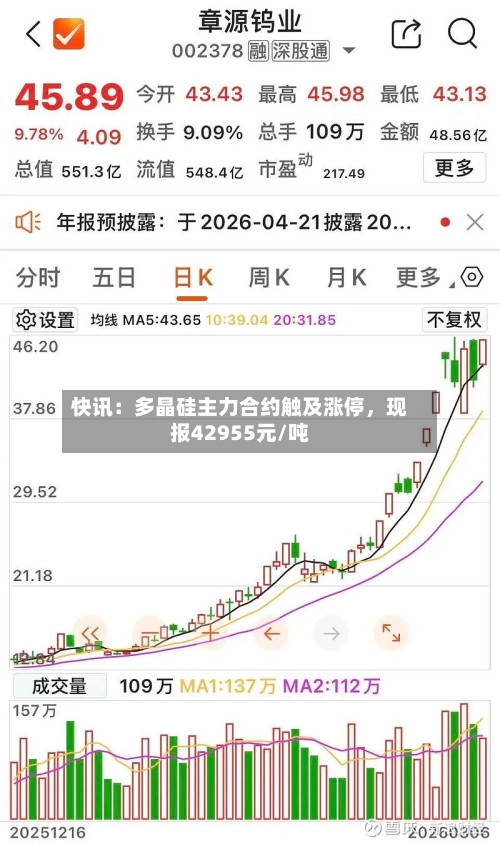 快讯：多晶硅主力合约触及涨停，现报42955元/吨