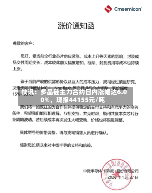 快讯：多晶硅主力合约日内涨幅达6.00%，现报44155元/吨