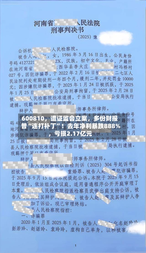 600810，遭证监会立案，多份财报曾“连打补丁”！去年净利暴跌888%，亏损2.17亿元