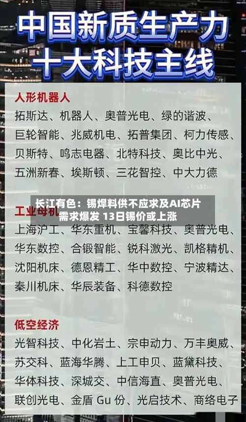 长江有色:锡焊料供不应求及AI芯片需求爆发 13日锡价或上涨