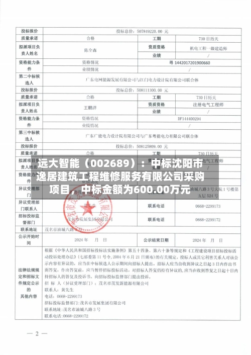 远大智能(002689):中标沈阳市逸居建筑工程维修服务有限公司采购项目,中标金额为600.00万元